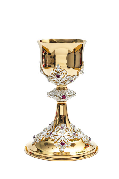 Mass chalice with paten,gilded with 24 carat gold and rubies, height 20 cm