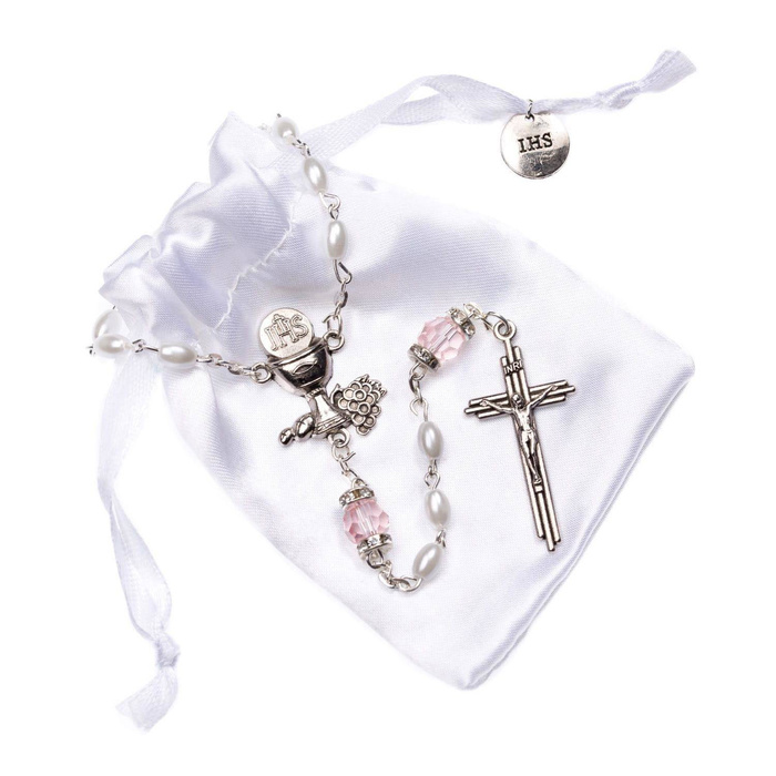 Pearl rosary First Holy Communion souvenir + ETUI