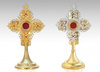 A magnificent brass reliquary in the form of a small monstrance decorated with rubies, 33 cm high