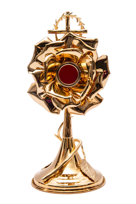  Brass reliquary with rose motif for one relic, 29 cm high