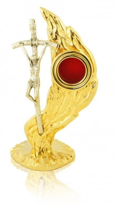 Gilded brass reliquary with papal cross in single flame for one relic, 20 cm high