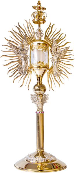 Large monstrance, gold plated , silver plated, decorated with stones with a height of 80 cm