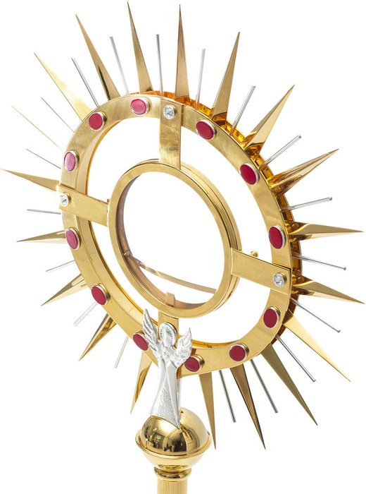 Veľká monštrancia zdobená kameňmi, mosadznými, pozlátenými a postriebrenými prvkami, vysoká 80 cm