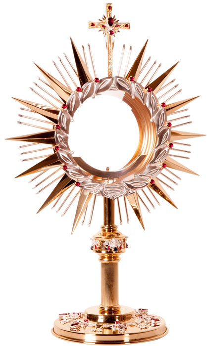 Gilded monstrance, richly decorated with stones, for a large host, height 60 cm
