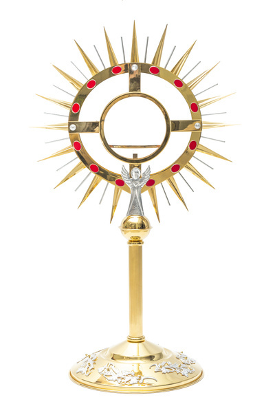 Large monstrance decorated with stones,brass, gold and silver plated elements with a height of 80 cm