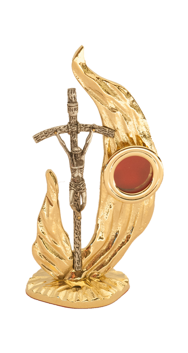 Gilded brass reliquary with a papal cross with a double flame,for one relic with a height of 20 cm