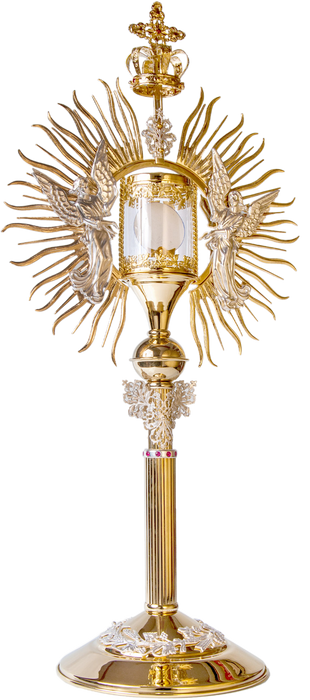 Large monstrance, gold plated , silver plated, decorated with stones with a height of 80 cm