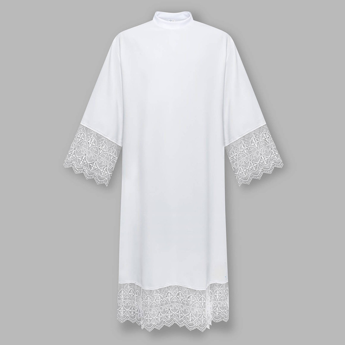 Alba s 20 cm širokým gipúrovým lemom IHS so stojatým golierom so zipsom na ramene