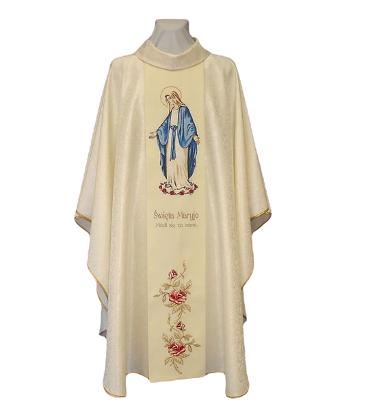 Cream-colored Marian chasuble with the image of Our Lady Immaculate