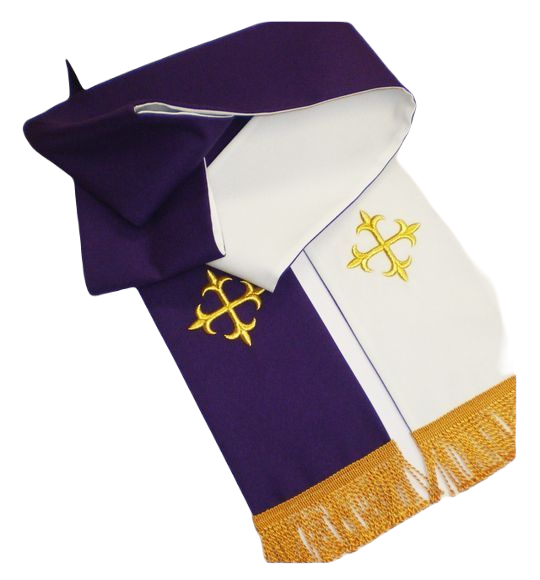 White and purple confessional stole with embroidered crosses.