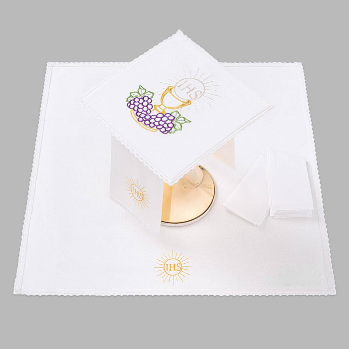 Altar chalice linen trimmed with lace silver sun gold chalice