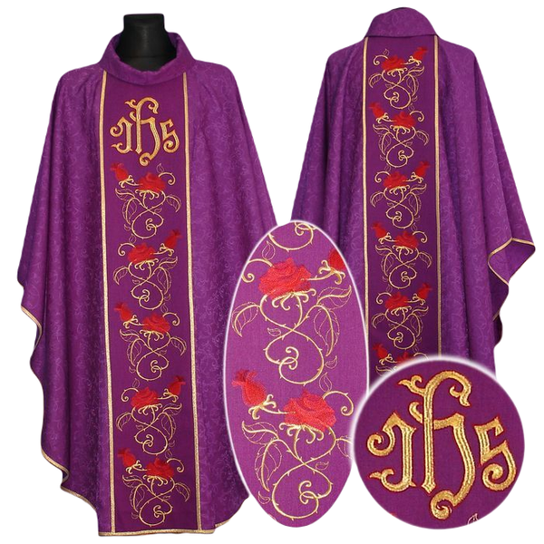 Purple chasuble made of jacquard fabric