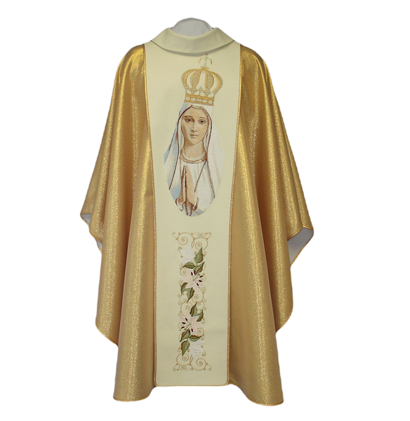 Gold chasuble with embroidered image of Our Lady of Fatima