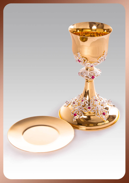 Mass chalice with paten,gilded with 24 carat gold and rubies, height 20 cm