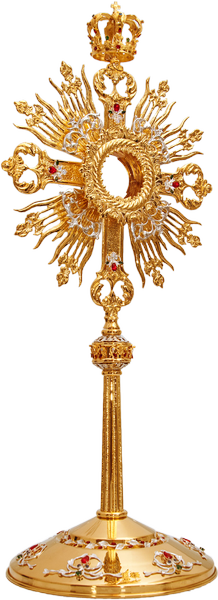 Large monstrance decorated with stones and gilded brass, 70 cm high