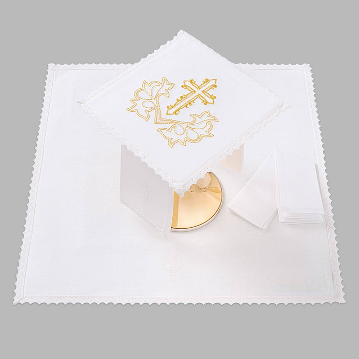 Altar chalice linen trimmed with lace cross lily white and gold
