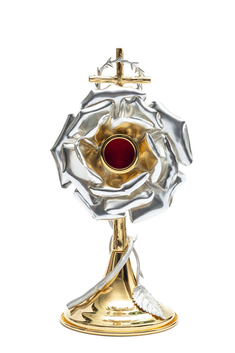  Brass reliquary with rose motif for one relic, 29 cm high