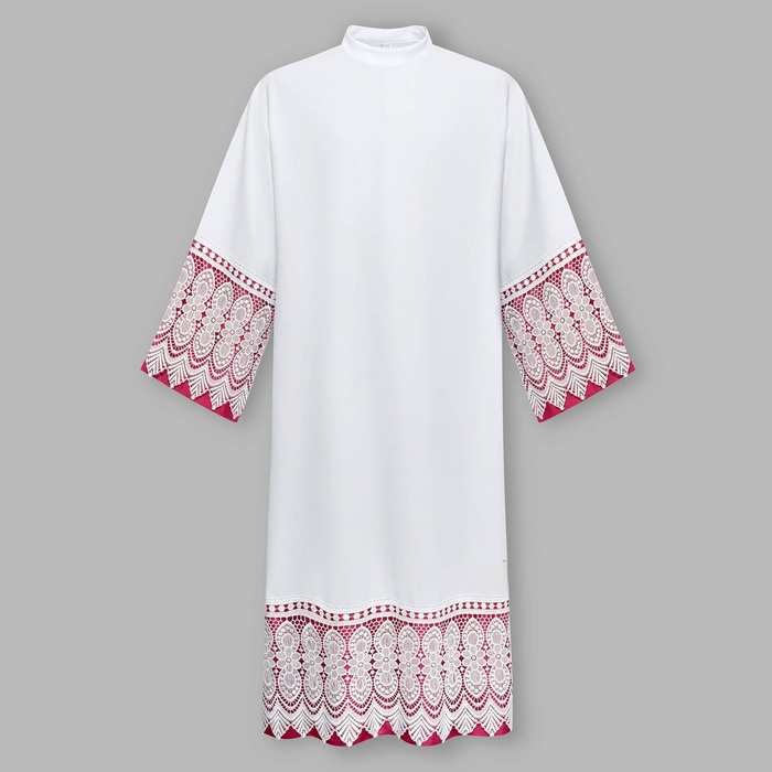 Alba s 30 cm širokým gipúrovým lemom so stojatým golierom so zipsom na ramene