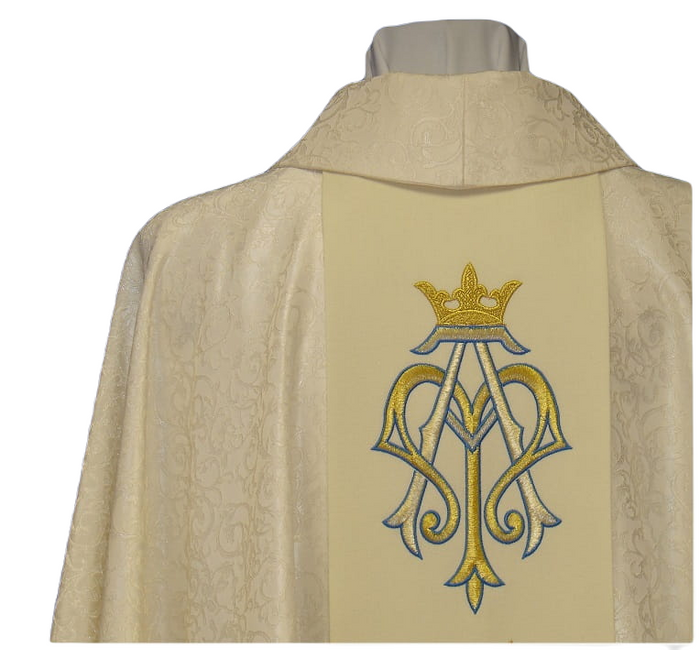 Cream-colored Marian chasuble with the image of Our Lady Immaculate