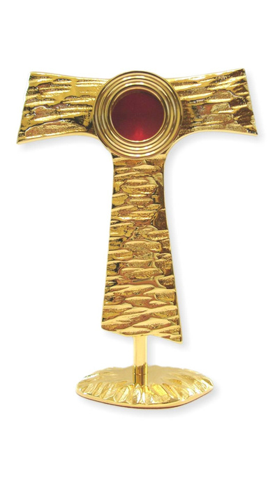 Brass reliquary in the shape of a Franciscan symbol with a height of 20 cm