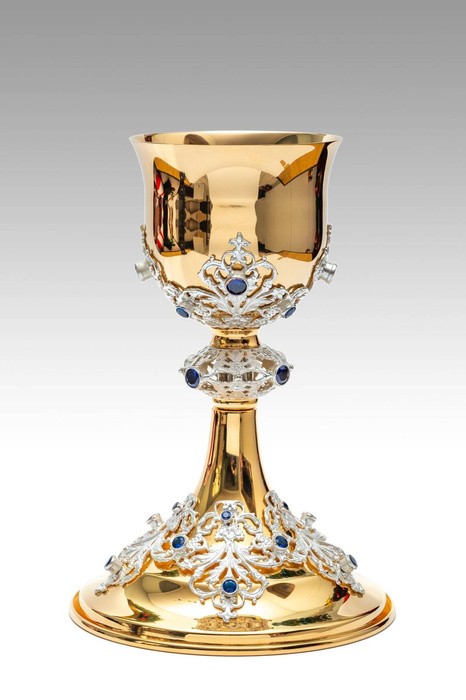 Solid brass chalice richly decorated with stones, 22 cm high, complete with paten