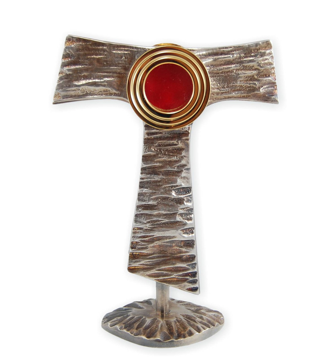 Gilded brass reliquary in the shape of the Franciscan symbol "tau" with a height of 20 cm